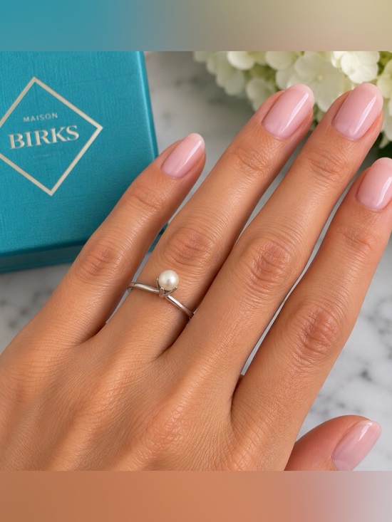 Maison Birks Jewelry - Birks Pearl Solitaire Ring in White Pearl and Silver/ Size 4 - Woman/Girls
